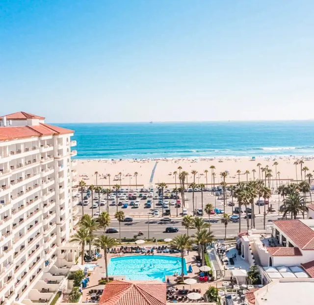 An ariel view of The Waterfront Beach Resort in Huntington with the Pacific in the background