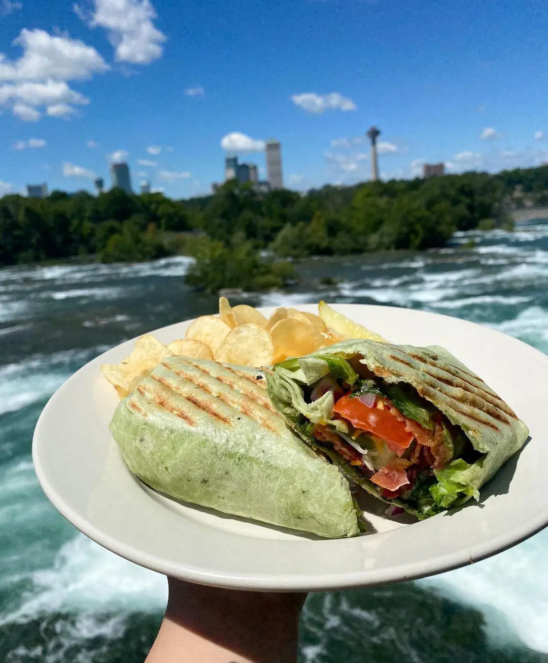 Enjoy Cheddar Bacon Ranch Wrap with view of the Falls at SPoT