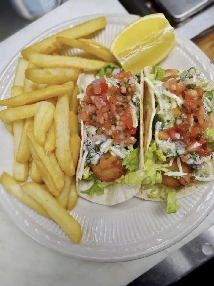 Beer battered haddock on grilled flour tortillas at Shoreline